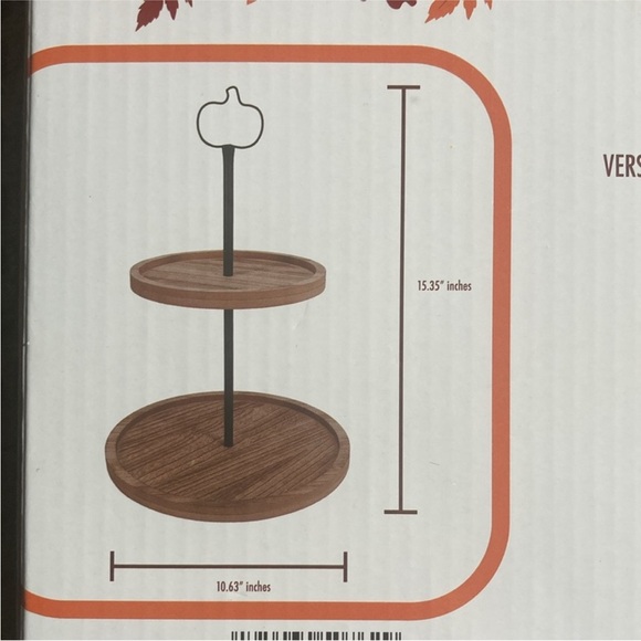 BNIB- Beautiful Decorative Two Tier Wooden Tray w/ Metal Pumpkin Top Handle - Picture 6 of 6